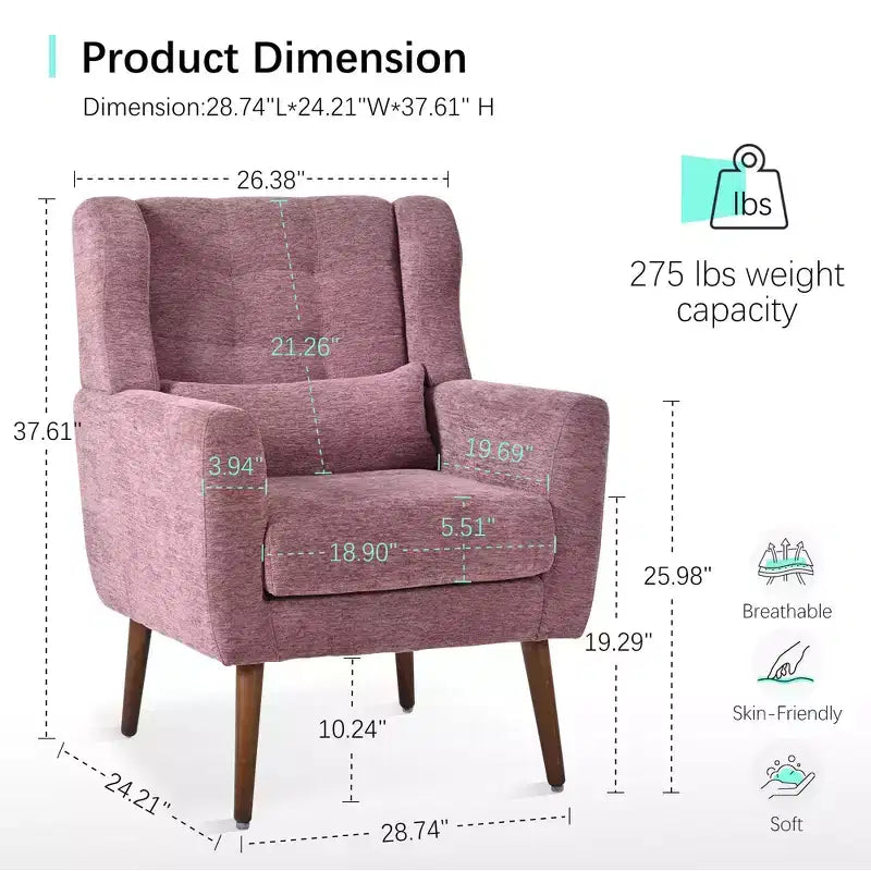 Fauteuil d'appoint en chenille - Fauteuil de salon moderne avec coussin, dossier ergonomique, pieds en bois fuselés