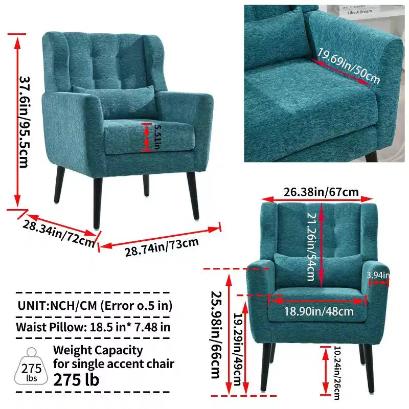 Fauteuil d'appoint en chenille - Fauteuil de salon moderne avec coussin, dossier ergonomique, pieds en bois fuselés
