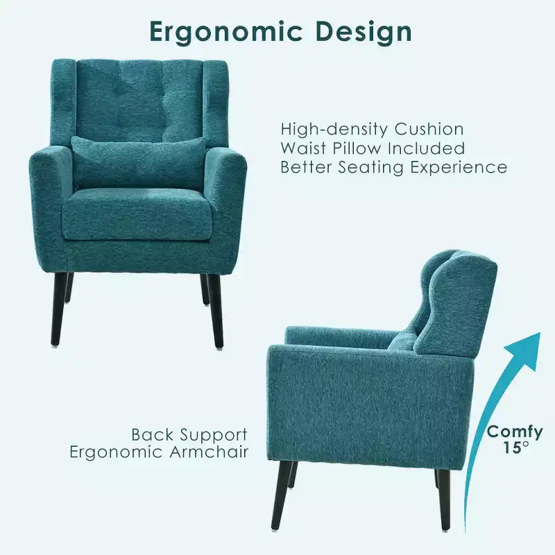 Fauteuil d'appoint en chenille - Fauteuil de salon moderne avec coussin, dossier ergonomique, pieds en bois fuselés
