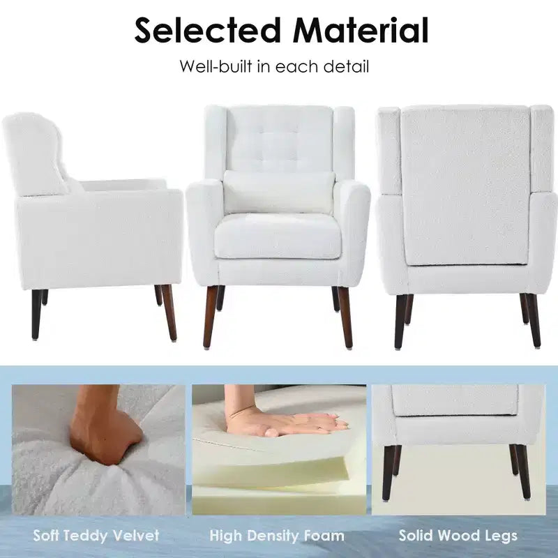 Fauteuil d'appoint en chenille - Fauteuil de salon moderne avec coussin, dossier ergonomique, pieds en bois fuselés