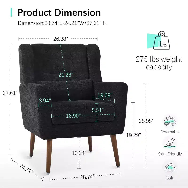 Fauteuil d'appoint en chenille - Fauteuil de salon moderne avec coussin, dossier ergonomique, pieds en bois fuselés