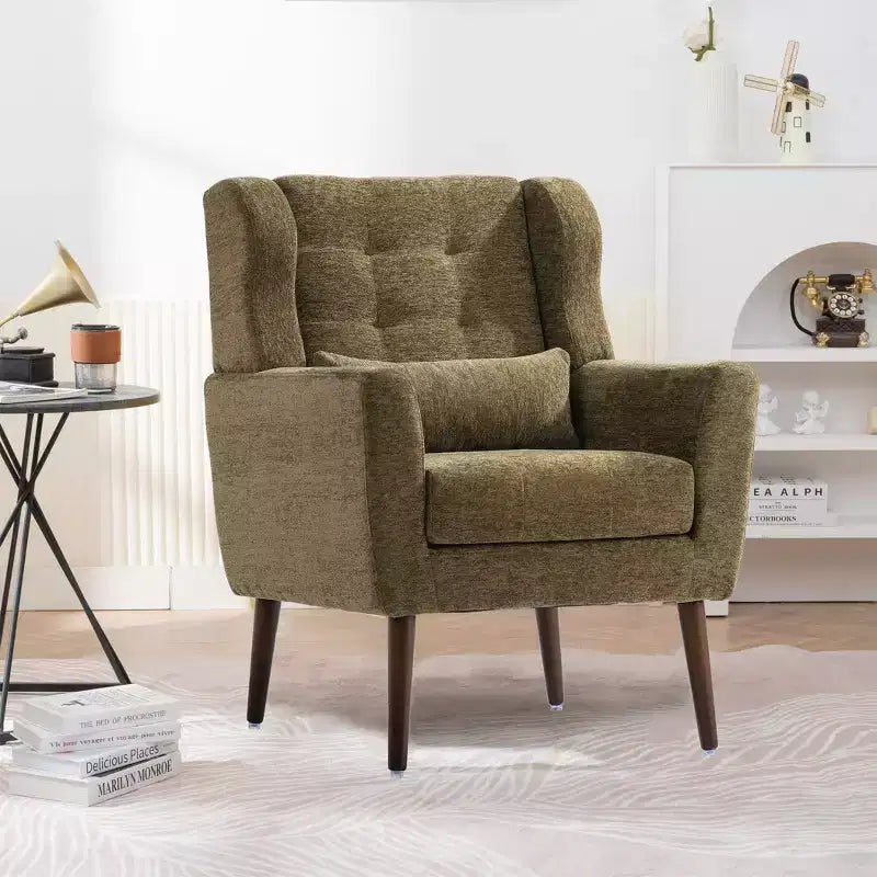 Fauteuil d'appoint en chenille - Fauteuil de salon moderne avec coussin, dossier ergonomique, pieds en bois fuselés