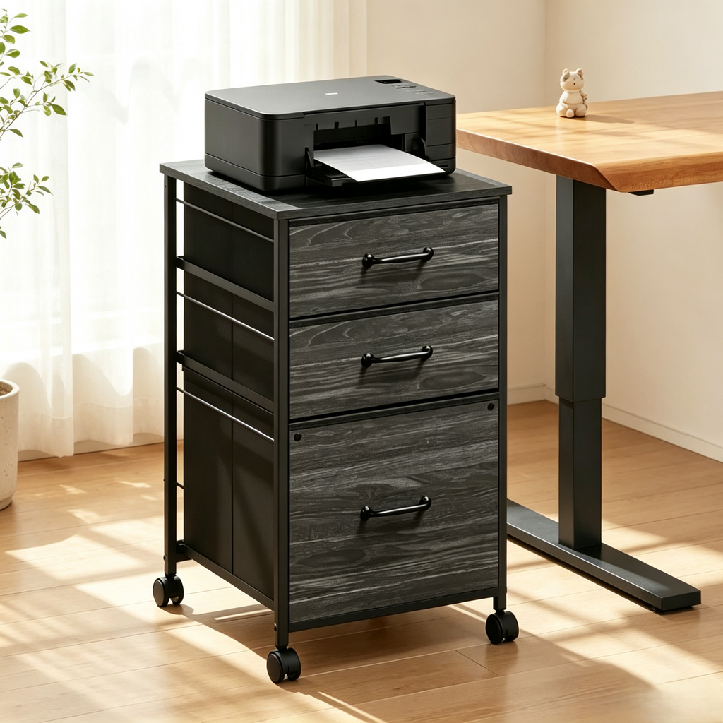 Meuble de rangement mobile à 3 tiroirs avec roulettes, support d'imprimante, classeur vertical en tissu pour bureau à domicile, convient aux formats A4 ou Letter