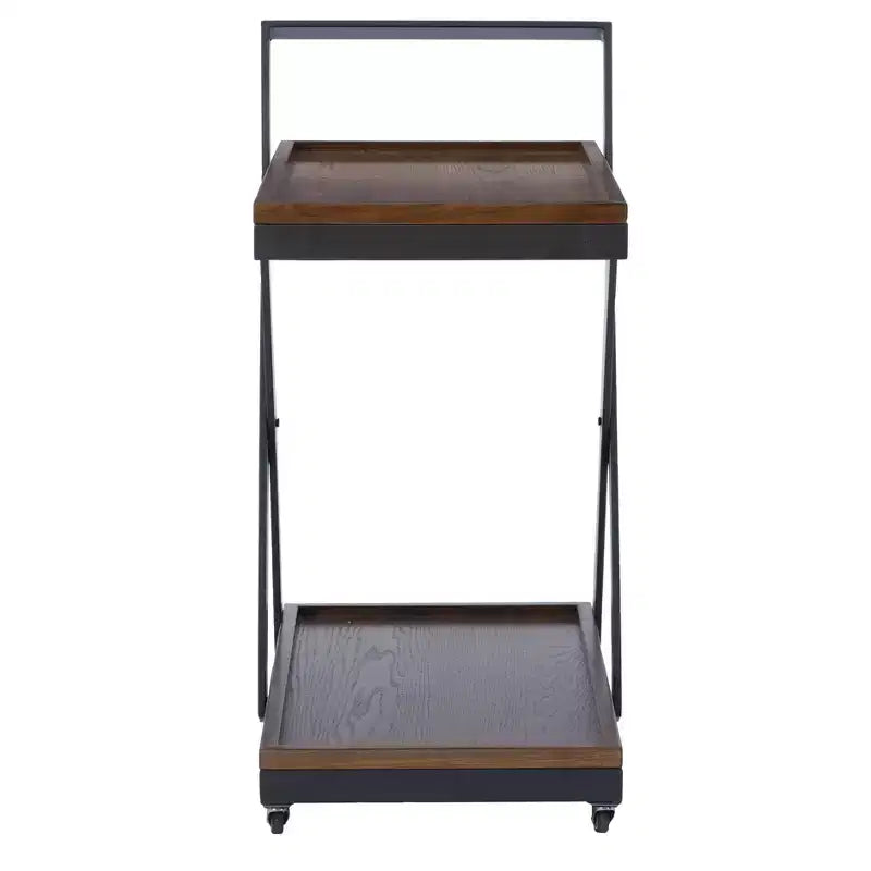 Chariot de bar rustique style ferme - Bois brun foncé et bronze à canon, 4 roulettes, 2 étagères fixes