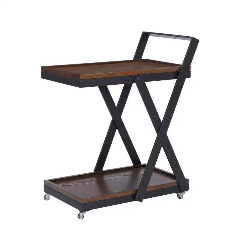 Chariot de bar rustique style ferme - Bois brun foncé et bronze à canon, 4 roulettes, 2 étagères fixes