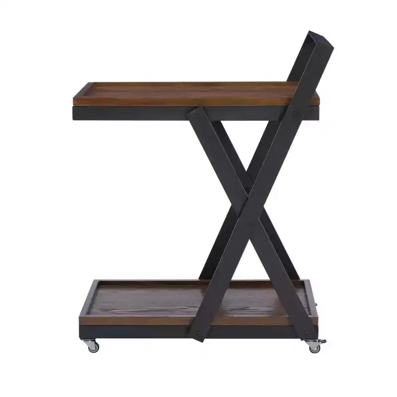 Chariot de bar rustique style ferme - Bois brun foncé et bronze à canon, 4 roulettes, 2 étagères fixes