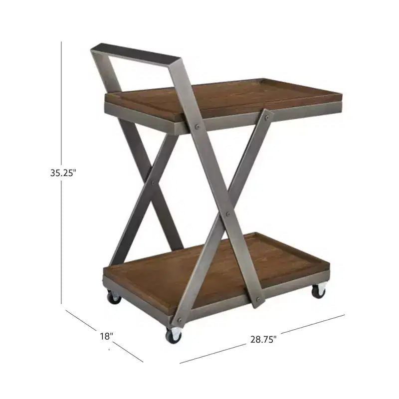 Chariot de bar rustique style ferme - Bois brun foncé et bronze à canon, 4 roulettes, 2 étagères fixes