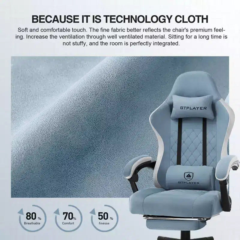 Chaise de jeu avec accoudoirs synchronisés - Tissu bleu clair, ressorts ensachés, repose-pieds rétractable