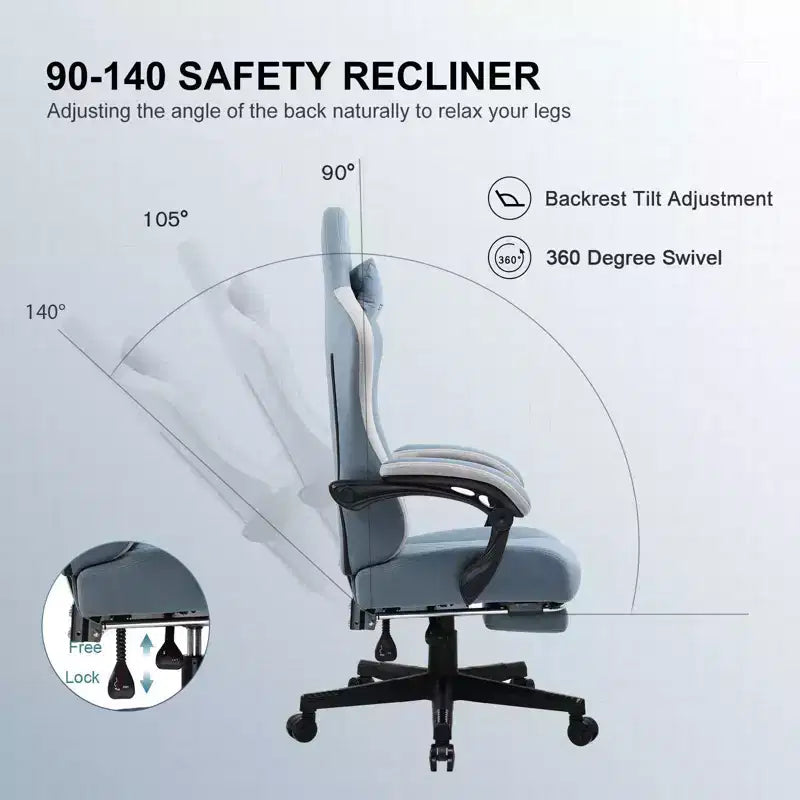 Chaise de jeu avec accoudoirs synchronisés - Tissu bleu clair, ressorts ensachés, repose-pieds rétractable