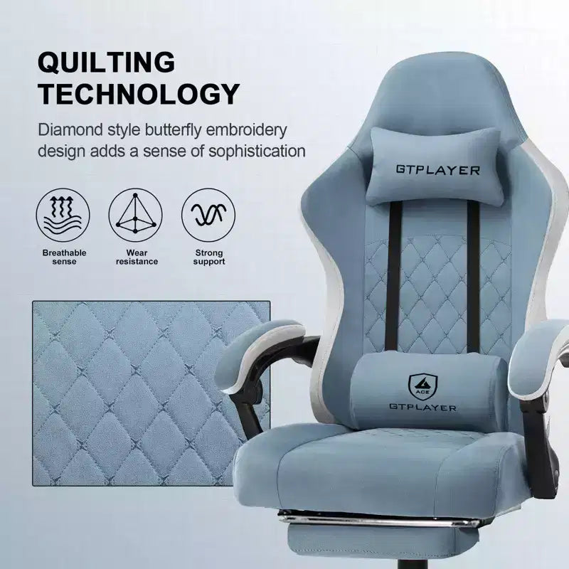 Chaise de jeu avec accoudoirs synchronisés - Tissu bleu clair, ressorts ensachés, repose-pieds rétractable