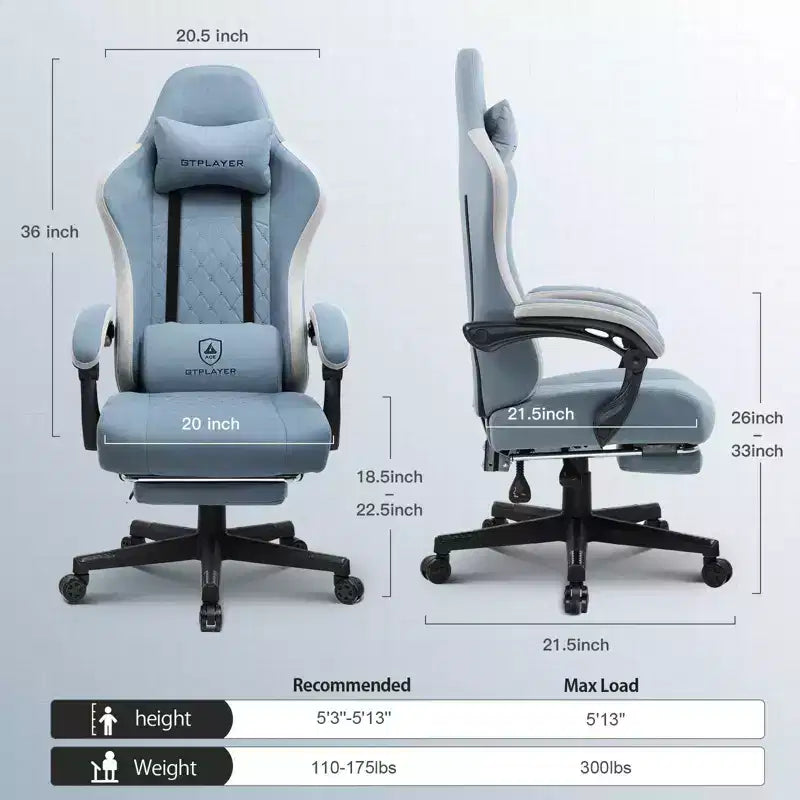 Chaise de jeu avec accoudoirs synchronisés - Tissu bleu clair, ressorts ensachés, repose-pieds rétractable