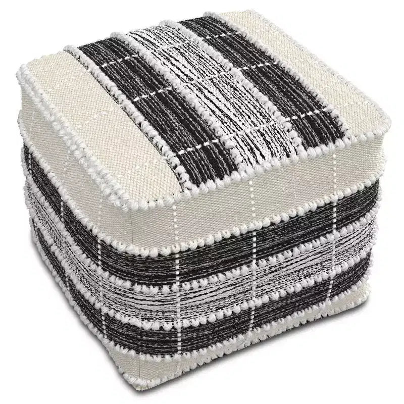 Pouf carré tissé - Blanc/Beige/Noir, Intérieur/Extérieur, Résistant aux UV, Capacité de 113 kg