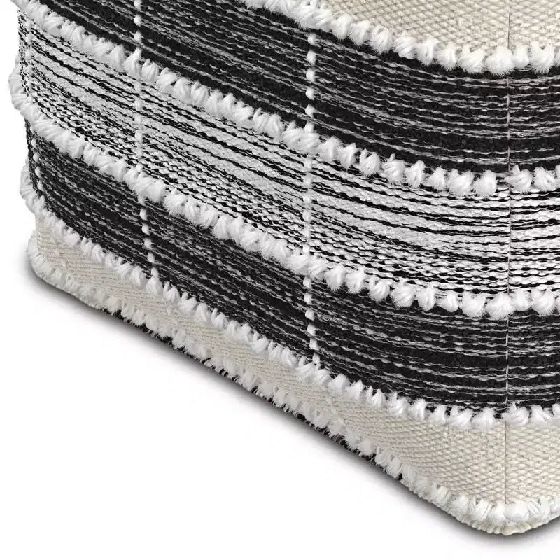 Pouf carré tissé - Blanc/Beige/Noir, Intérieur/Extérieur, Résistant aux UV, Capacité de 113 kg