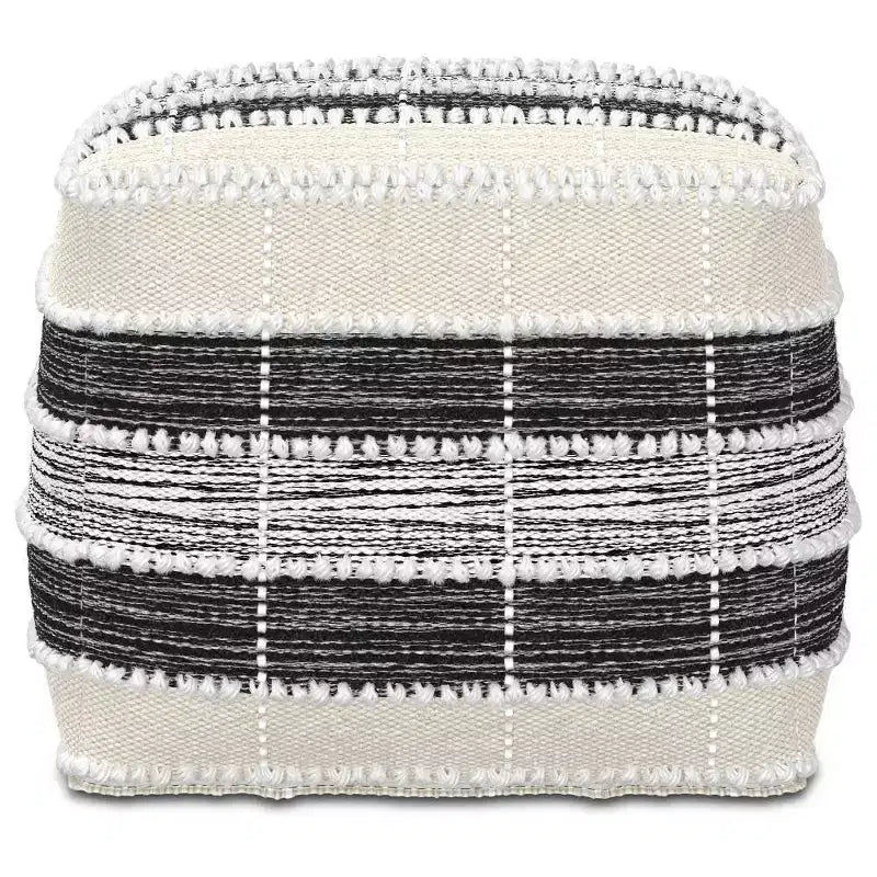Pouf carré tissé - Blanc/Beige/Noir, Intérieur/Extérieur, Résistant aux UV, Capacité de 113 kg