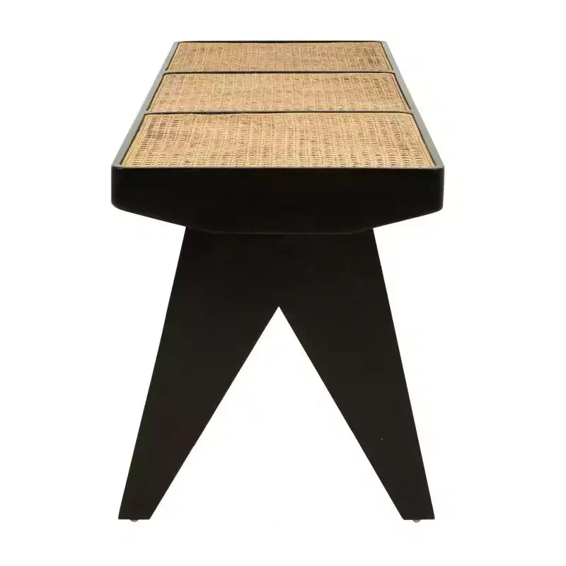 Banc en rotin tressé à la main de 140 cm – Structure en manguier, noir, 3 places
