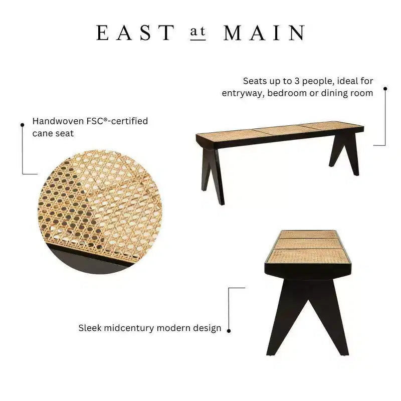 Banc en rotin tressé à la main de 140 cm – Structure en manguier, noir, 3 places