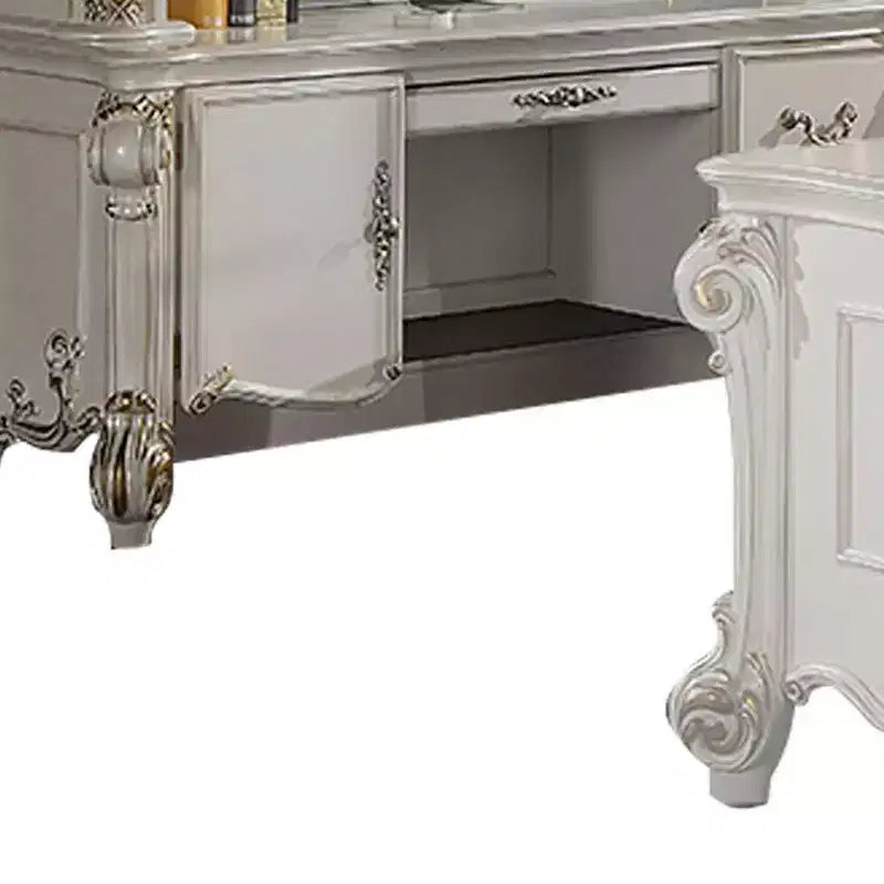 Bureau informatique et huche de 89" – Finition perle antique, composite de bois, étagère de rangement ouverte