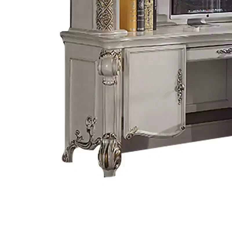 Bureau informatique et huche de 89" – Finition perle antique, composite de bois, étagère de rangement ouverte