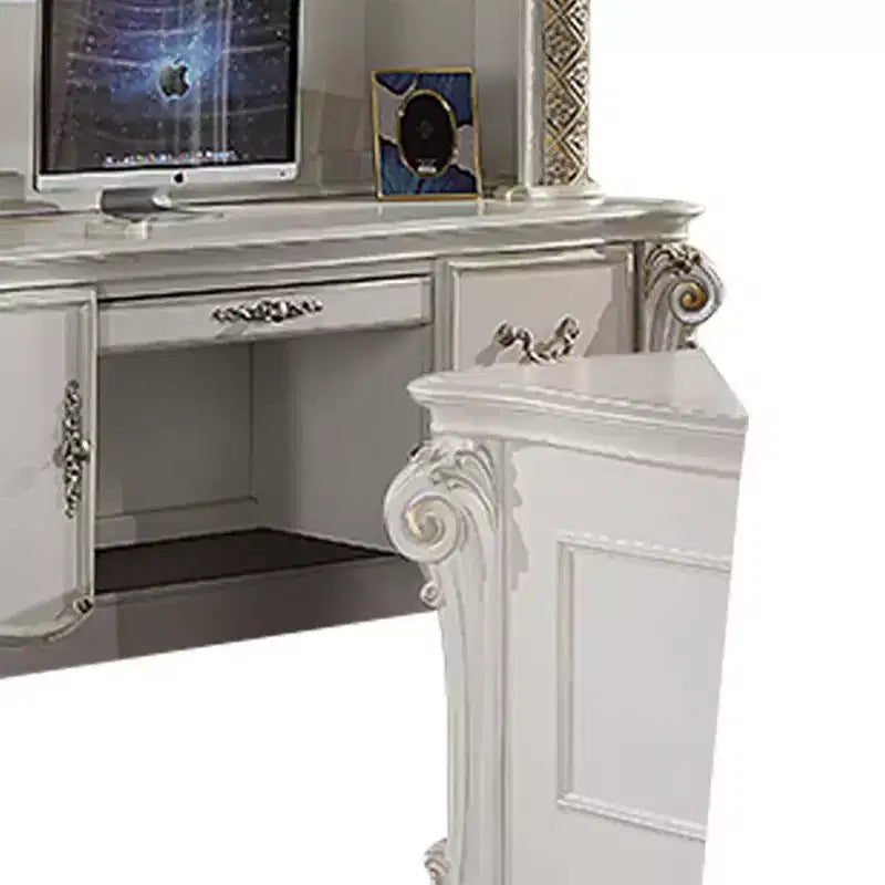 Bureau informatique et huche de 89" – Finition perle antique, composite de bois, étagère de rangement ouverte