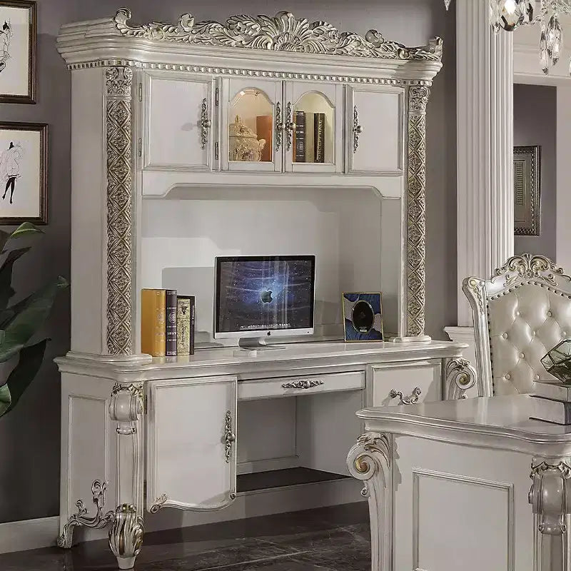 Bureau informatique et huche de 89" – Finition perle antique, composite de bois, étagère de rangement ouverte