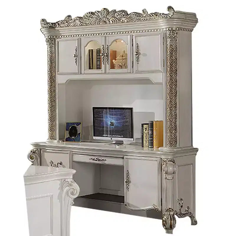 Bureau informatique et huche de 89" – Finition perle antique, composite de bois, étagère de rangement ouverte