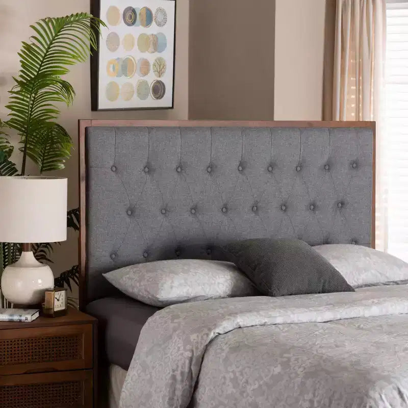 Tête de lit King en tissu et bois – Gris/Noyer marron, capitonnée, 5 réglages de hauteur