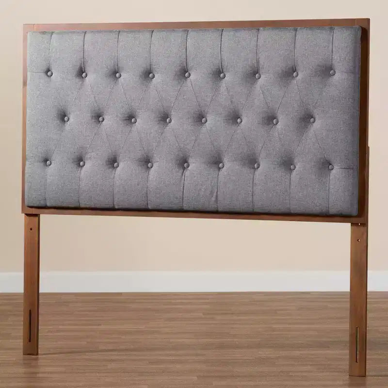 Tête de lit King en tissu et bois – Gris/Noyer marron, capitonnée, 5 réglages de hauteur