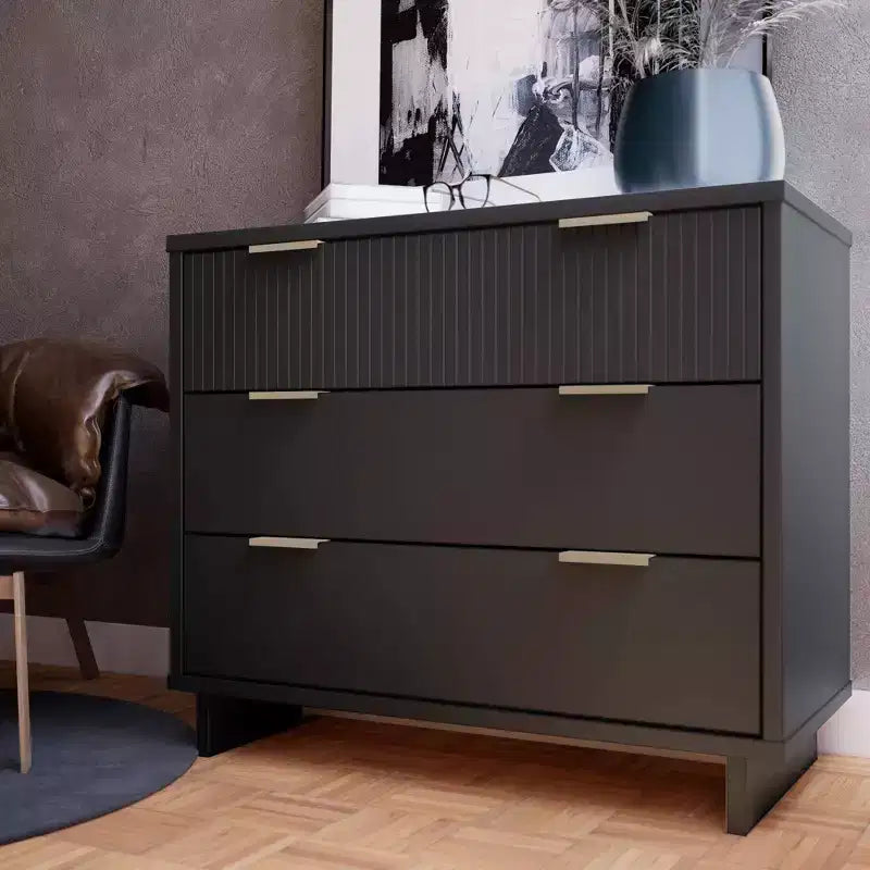 Commode moderne à 3 tiroirs - Cadre en bois, finition peinte, quincaillerie anti-basculement