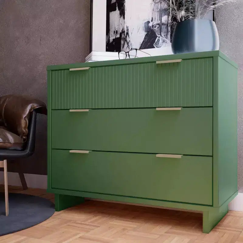 Commode moderne à 3 tiroirs - Cadre en bois, finition peinte, quincaillerie anti-basculement