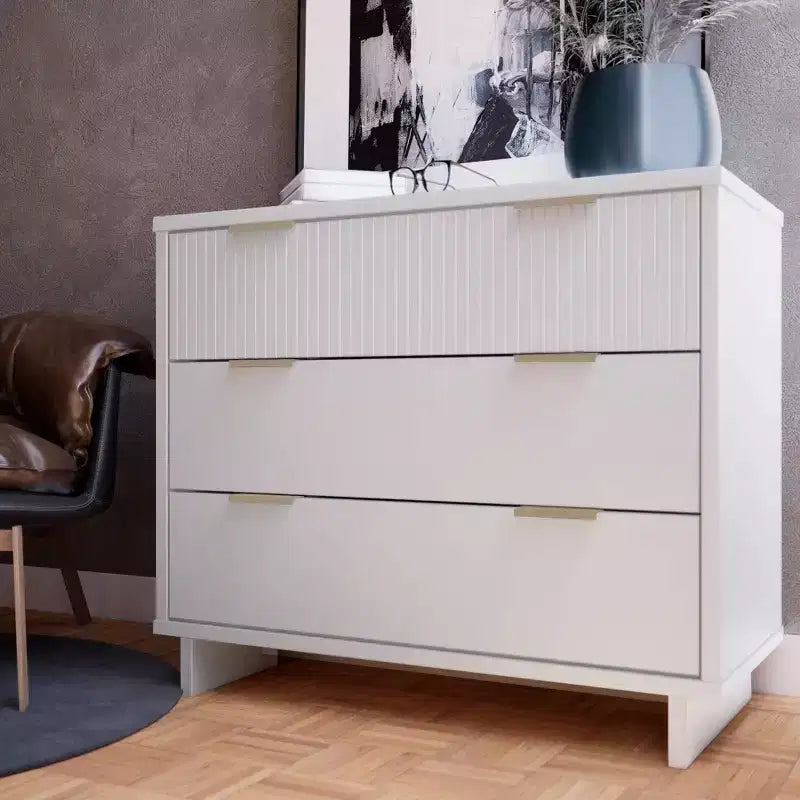 Commode moderne à 3 tiroirs - Cadre en bois, finition peinte, quincaillerie anti-basculement