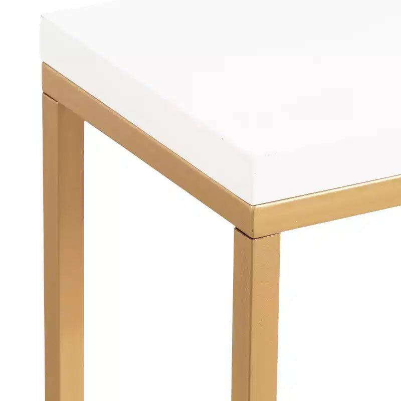 Console rectangulaire 30x10x30 – Blanc et or, piètement en métal géométrique, plateau en MDF