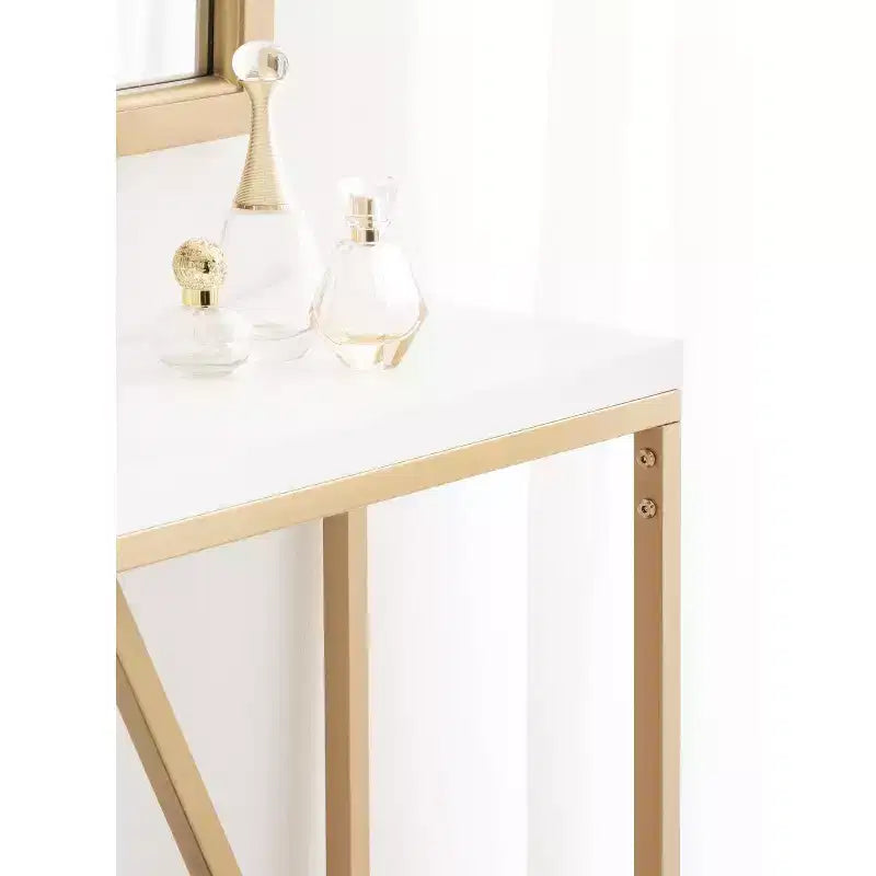 Console rectangulaire 30x10x30 – Blanc et or, piètement en métal géométrique, plateau en MDF