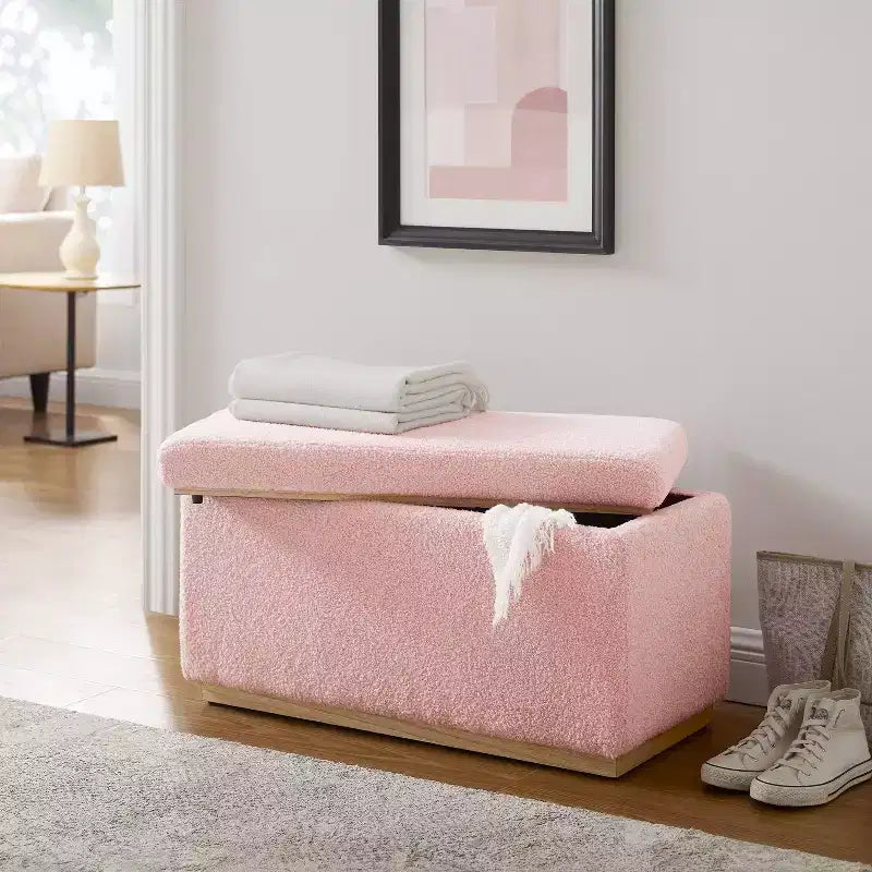 Pouf de rangement rectangulaire - Structure en bois naturel, coussin en mousse, capacité de 90 kg