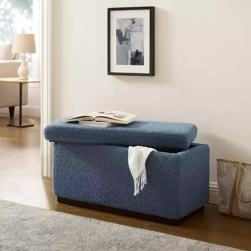 Pouf de rangement rectangulaire - Structure en bois naturel, coussin en mousse, capacité de 90 kg