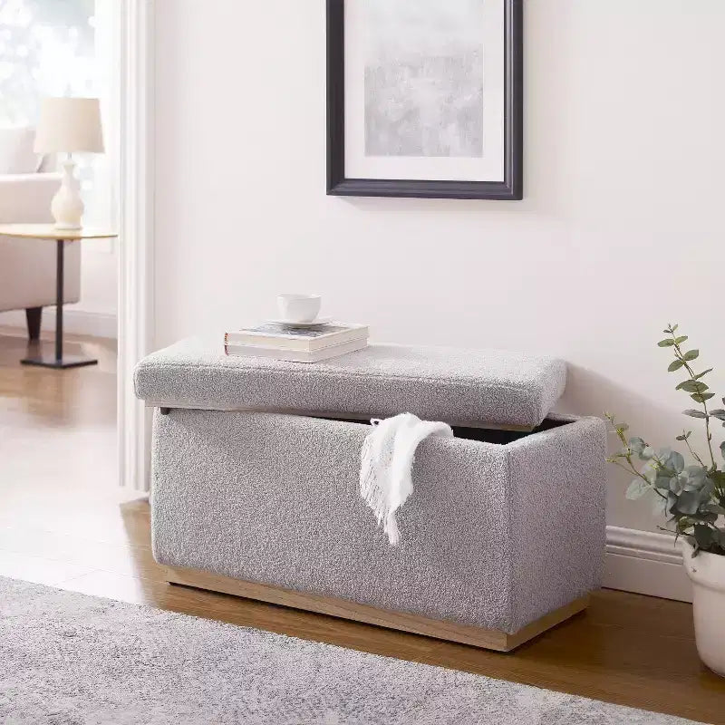 Pouf de rangement rectangulaire - Structure en bois naturel, coussin en mousse, capacité de 90 kg
