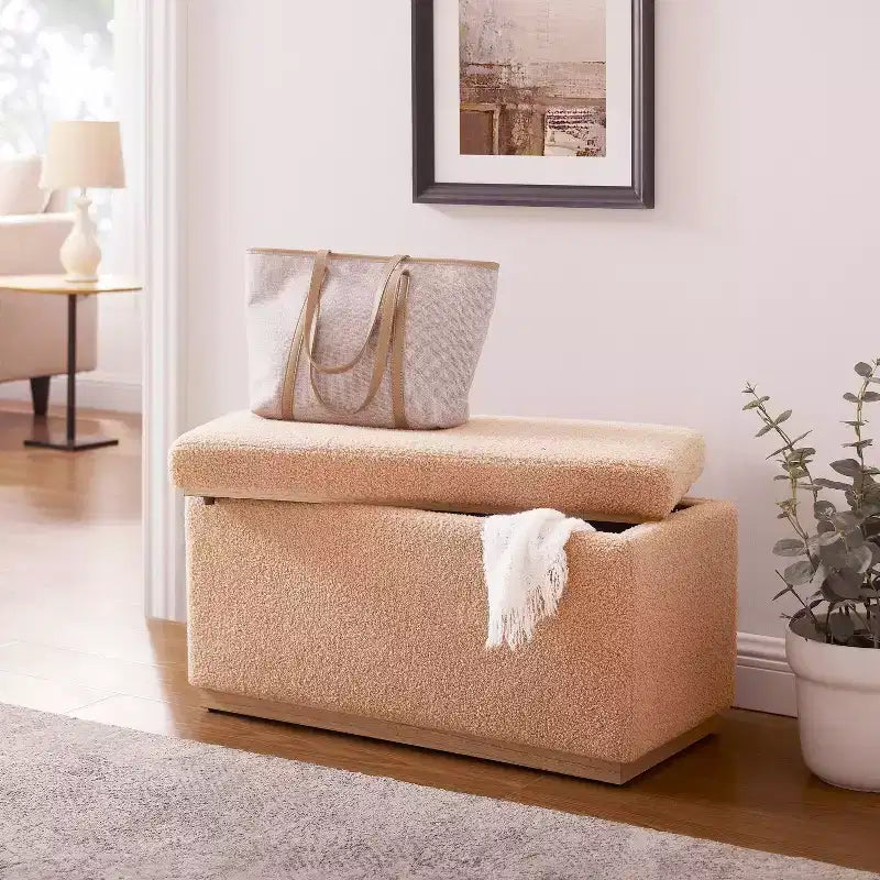 Pouf de rangement rectangulaire - Structure en bois naturel, coussin en mousse, capacité de 90 kg