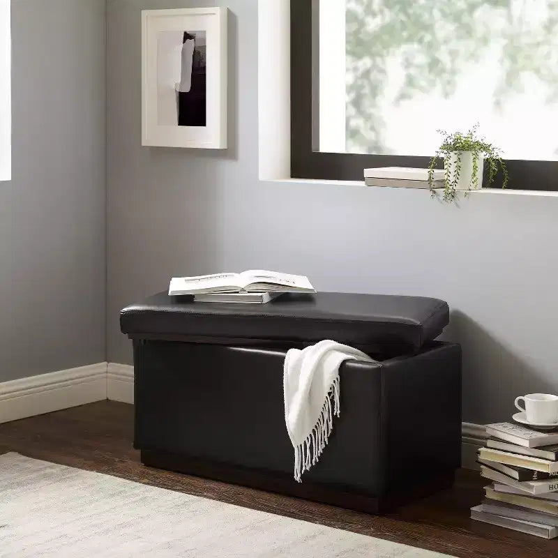 Pouf de rangement rectangulaire - Structure en bois naturel, coussin en mousse, capacité de 90 kg