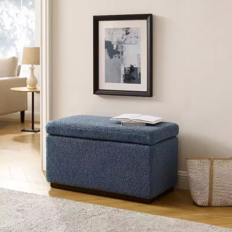 Pouf de rangement rectangulaire - Structure en bois naturel, coussin en mousse, capacité de 90 kg