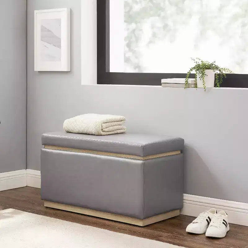 Pouf de rangement rectangulaire - Structure en bois naturel, coussin en mousse, capacité de 90 kg