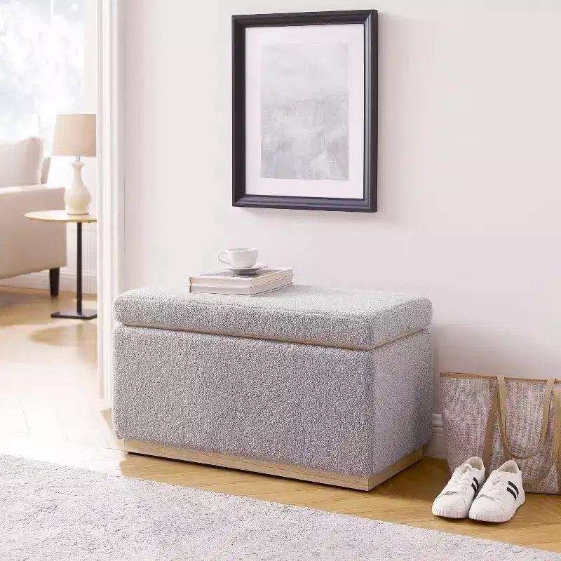 Pouf de rangement rectangulaire - Structure en bois naturel, coussin en mousse, capacité de 90 kg
