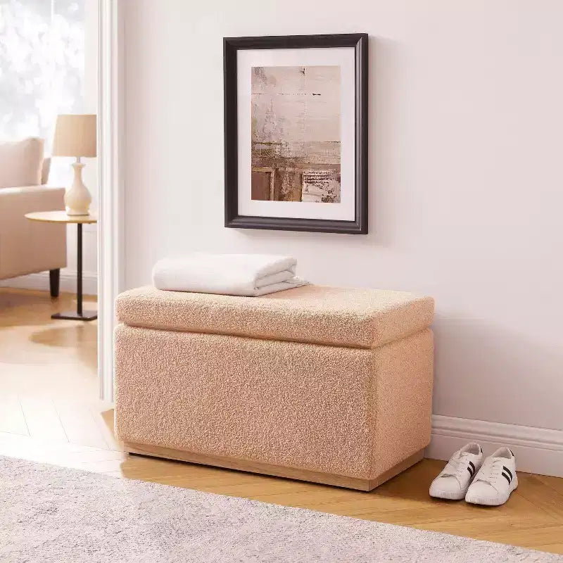 Pouf de rangement rectangulaire - Structure en bois naturel, coussin en mousse, capacité de 90 kg