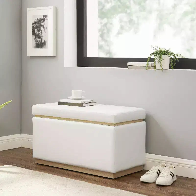 Pouf de rangement rectangulaire - Structure en bois naturel, coussin en mousse, capacité de 90 kg