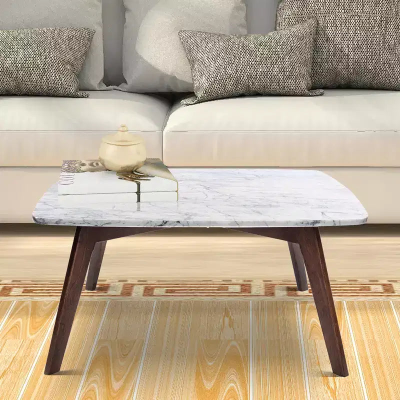 Table basse carrée de 80 cm en marbre blanc de Carrare italien - Pieds en orme du milieu du siècle