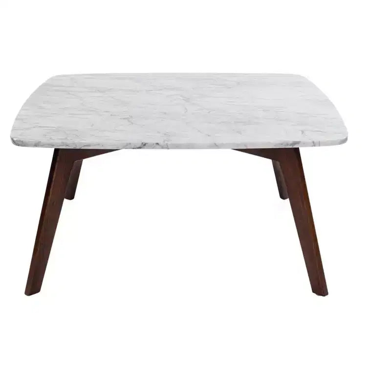 Table basse carrée de 80 cm en marbre blanc de Carrare italien - Pieds en orme du milieu du siècle