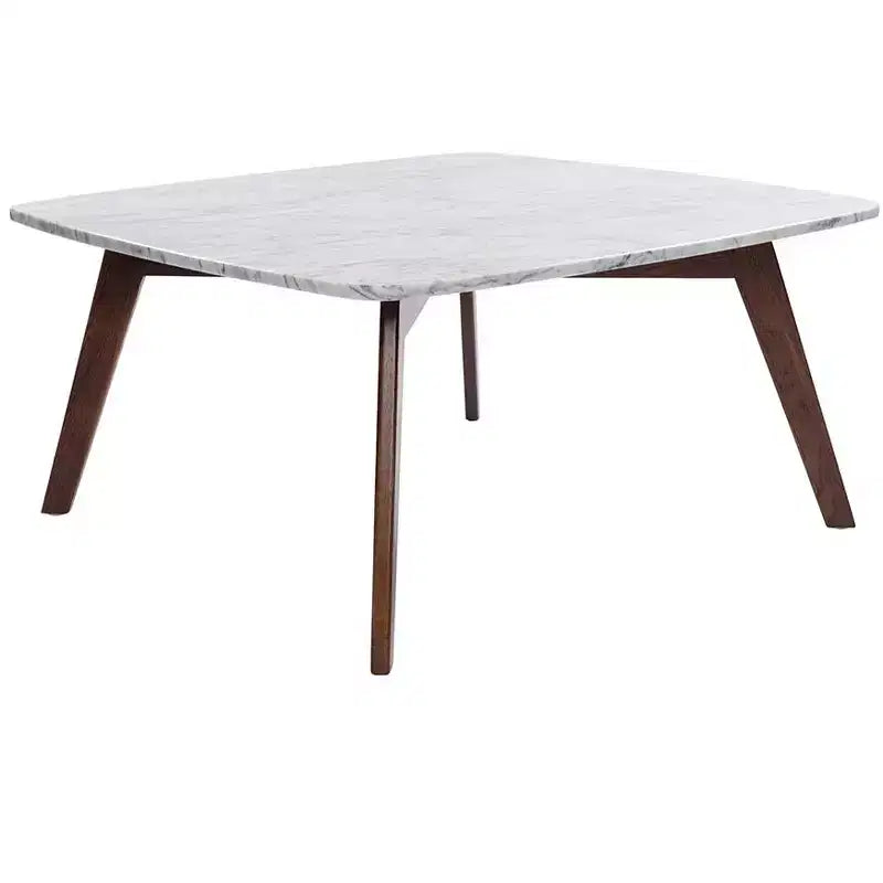 Table basse carrée de 80 cm en marbre blanc de Carrare italien - Pieds en orme du milieu du siècle