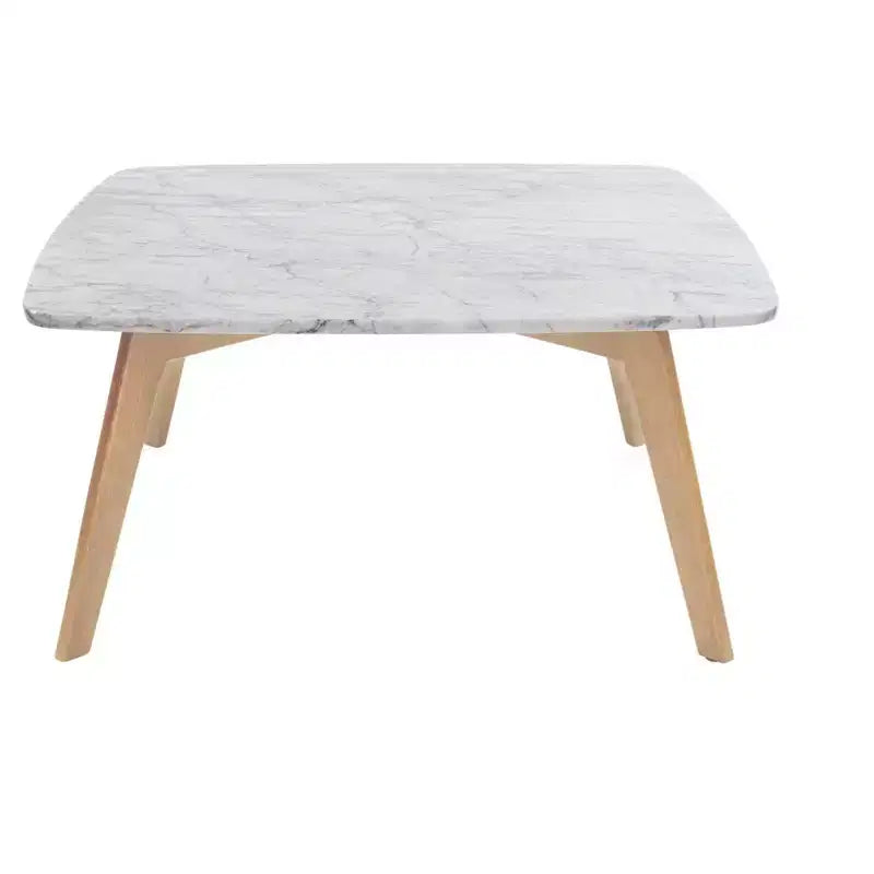 Table basse carrée de 80 cm en marbre blanc de Carrare italien - Pieds en orme du milieu du siècle