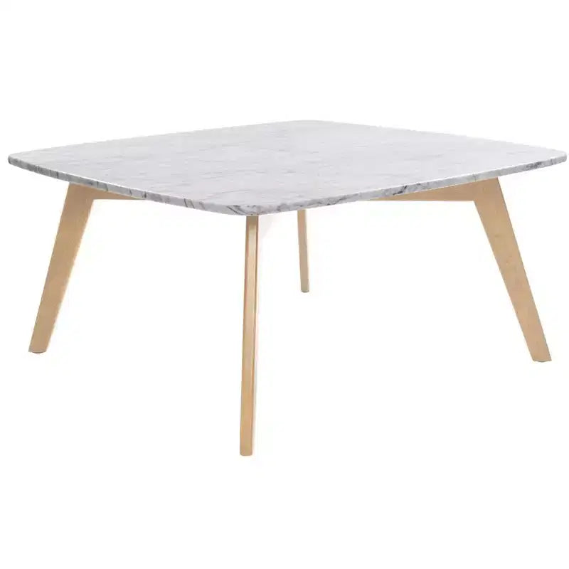 Table basse carrée de 80 cm en marbre blanc de Carrare italien - Pieds en orme du milieu du siècle