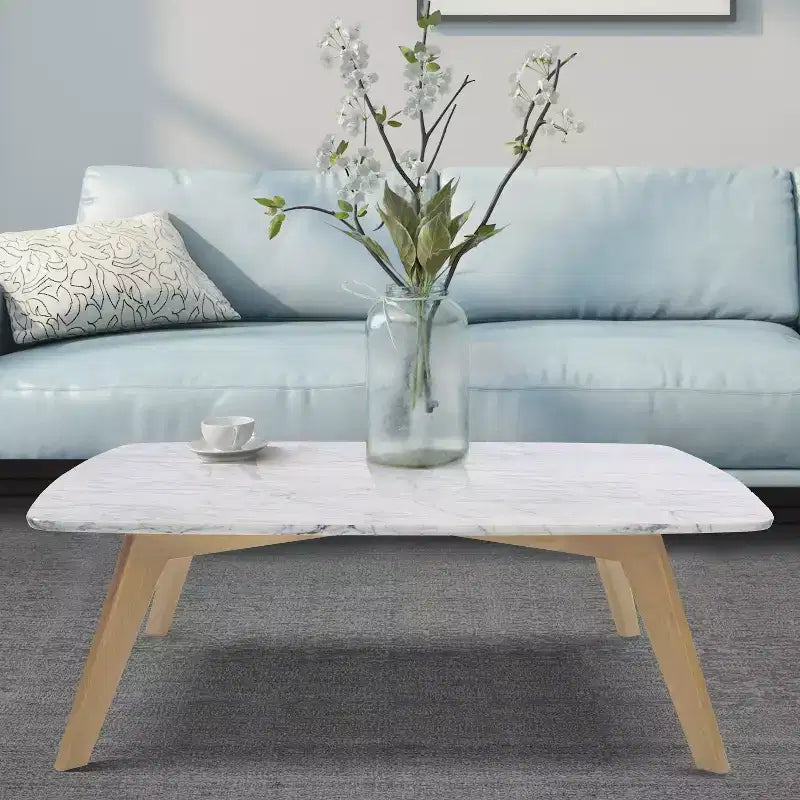 Table basse carrée de 80 cm en marbre blanc de Carrare italien - Pieds en orme du milieu du siècle