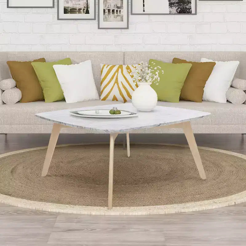 Table basse carrée de 80 cm en marbre blanc de Carrare italien - Pieds en orme du milieu du siècle