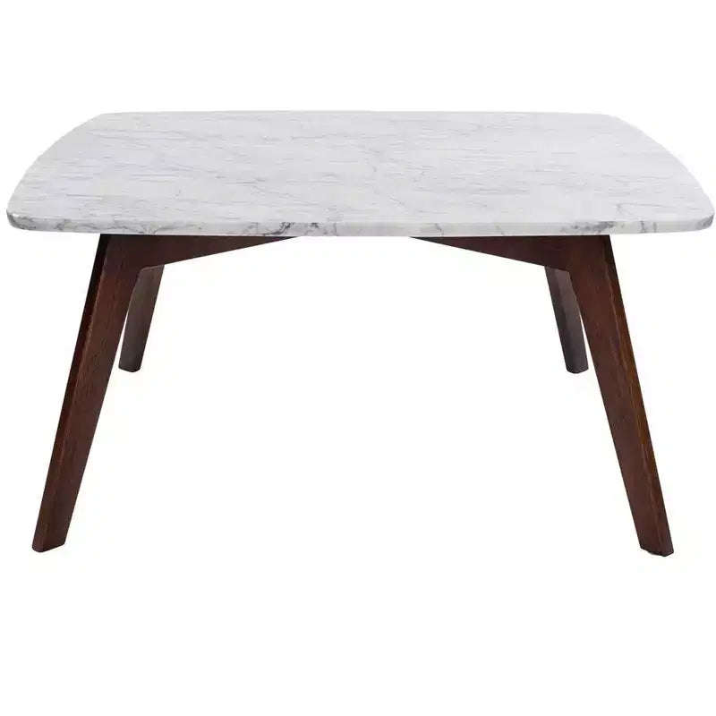 Table basse carrée de 80 cm en marbre blanc de Carrare italien - Pieds en orme du milieu du siècle